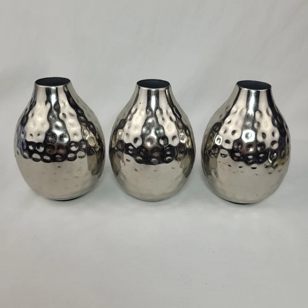 Hammered Silver Metal Bud Vases Set of 3 Small Decorative Modern Dimpled Tapered